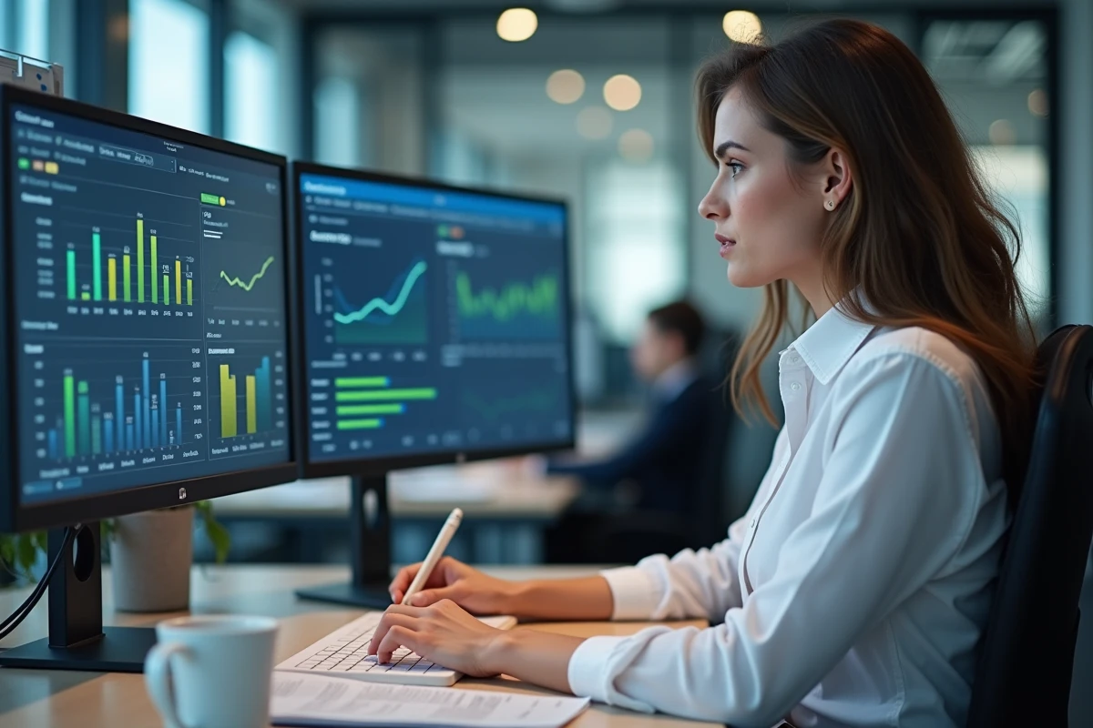 Analyste de trésorerie féminine analysant des tableaux de flux de trésorerie sur deux écrans dans un bureau moderne, illustrant la gestion quotidienne de la trésorerie en entreprise