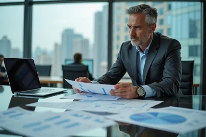 Cadre financier en costume examinant des rapports financiers dans une salle de réunion moderne avec vue sur la ville, illustrant les grandes décisions de gestion financière en entreprise