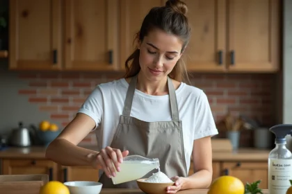 Femme préparant un dégraissant maison avec du vinaigre blanc et du bicarbonate de soude dans une cuisine rustique