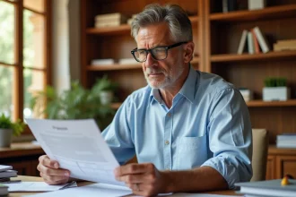 Homme étudiant des documents immobiliers espagnols pour calculer le délai d'exonération de plus-value