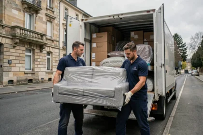 Deux déménageurs professionnels en uniforme portant un canapé emballé vers un camion de déménagement dans une rue de Saint-Étienne