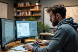 Designer UX frustré comparant deux interfaces opposées sur des écrans d'ordinateur dans un bureau moderne