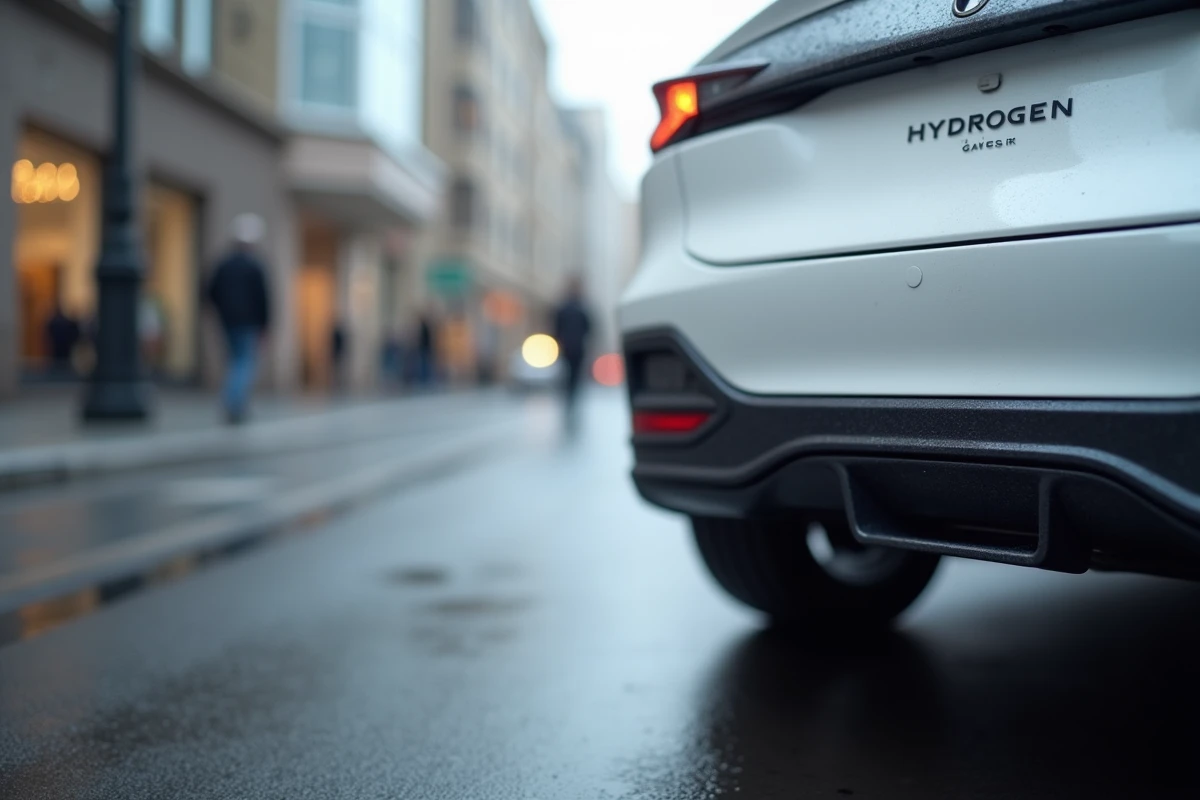 Détail du badge et du pot d'échappement d'une voiture à hydrogène émettant de la vapeur d'eau en ville