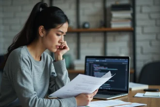 Une femme analyse des textes imprimés pour détecter des contenus générés par intelligence artificielle dans un bureau moderne