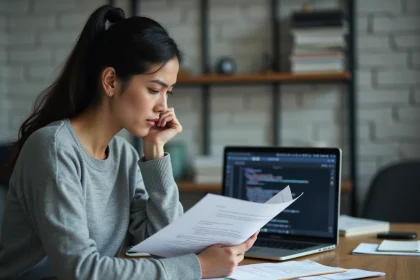 Une femme analyse des textes imprimés pour détecter des contenus générés par intelligence artificielle dans un bureau moderne