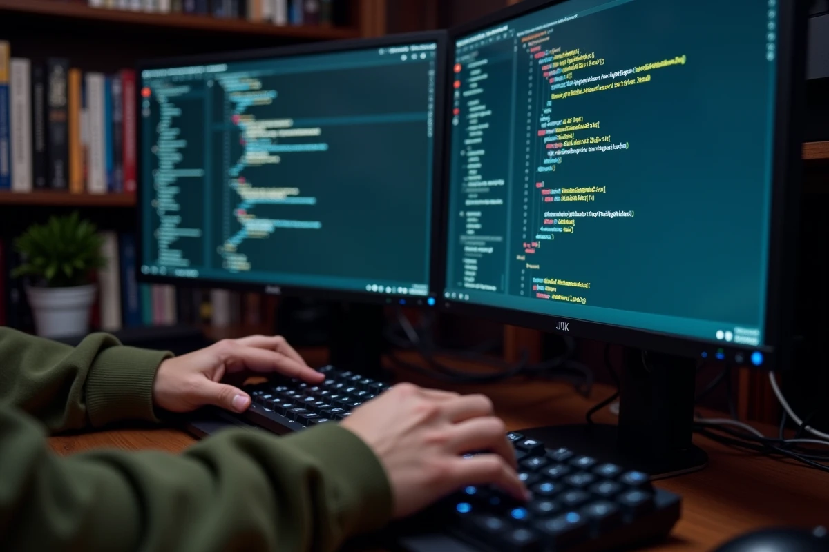 Mains d'un développeur tapant du code Python pour entraîner un grand modèle de langage LLM sur un double écran dans un bureau à domicile