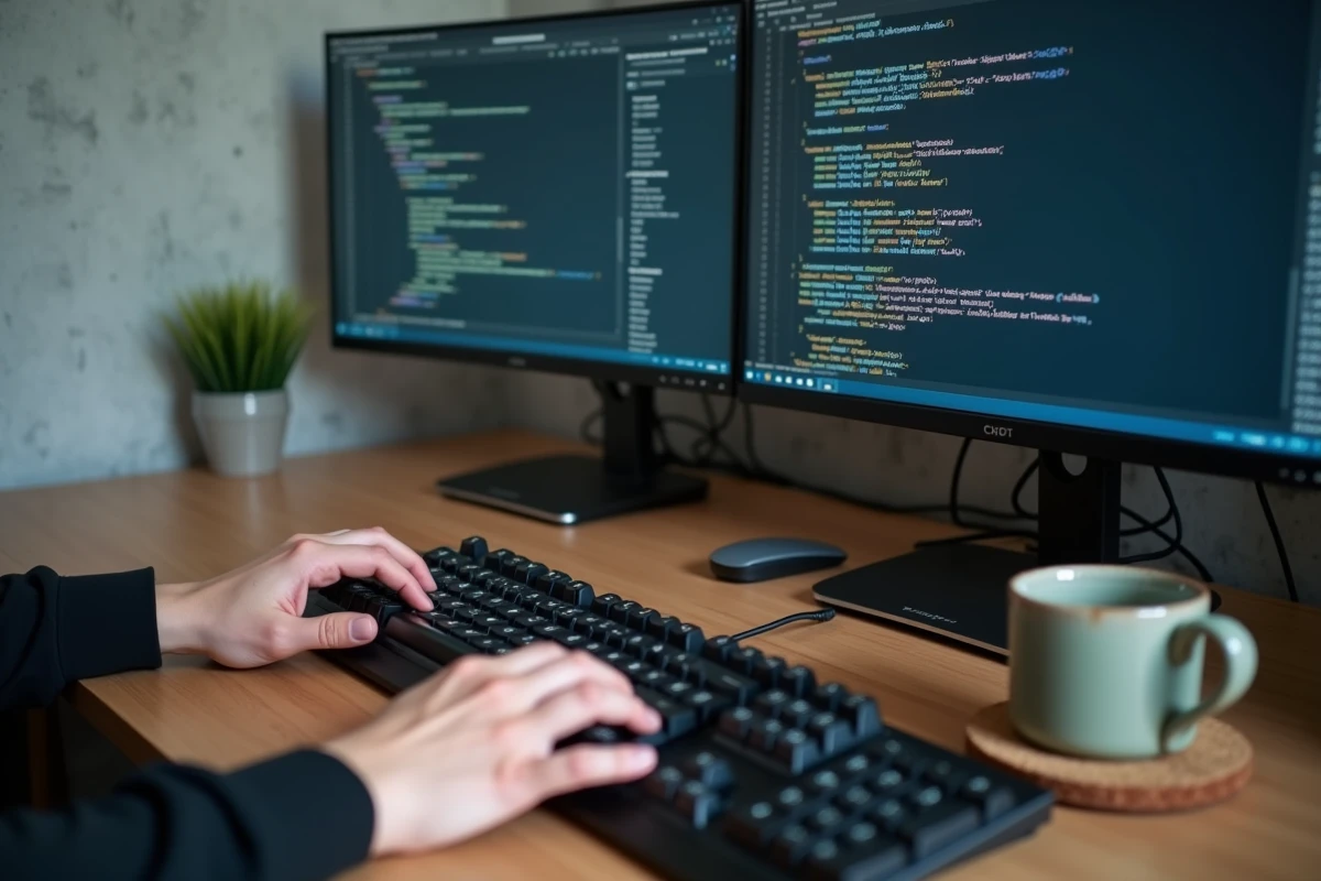 Mains d'un développeur interagissant avec un modèle de langage via une interface de code et un chatbot sur double écran
