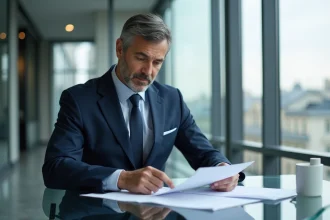 Dirigeant d'entreprise dans un bureau parisien moderne consultant des documents financiers, illustrant la gouvernance de BoursoBank