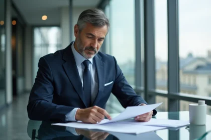 Dirigeant d'entreprise dans un bureau parisien moderne consultant des documents financiers, illustrant la gouvernance de BoursoBank