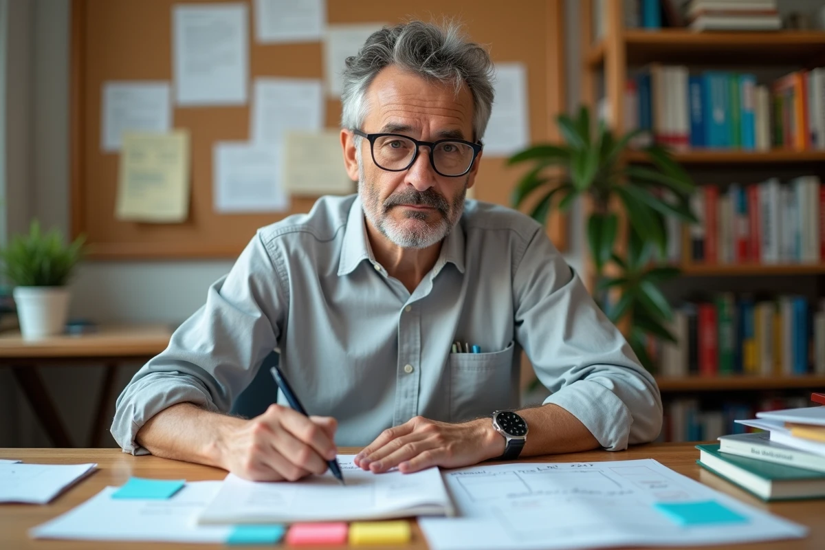 Éducateur assis à son bureau organisant des fiches de planification pédagogique inversée avec des notes autocollantes colorées