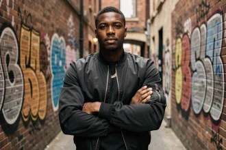 Jeune homme confiant en veste bomber noire dans une ruelle urbaine illustrant le concept d'ego trip en rap et culture hip-hop