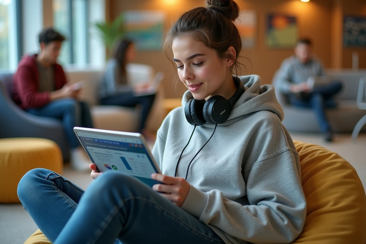 Étudiante utilisant une application d'e-learning sur tablette dans un espace de travail universitaire décontracté