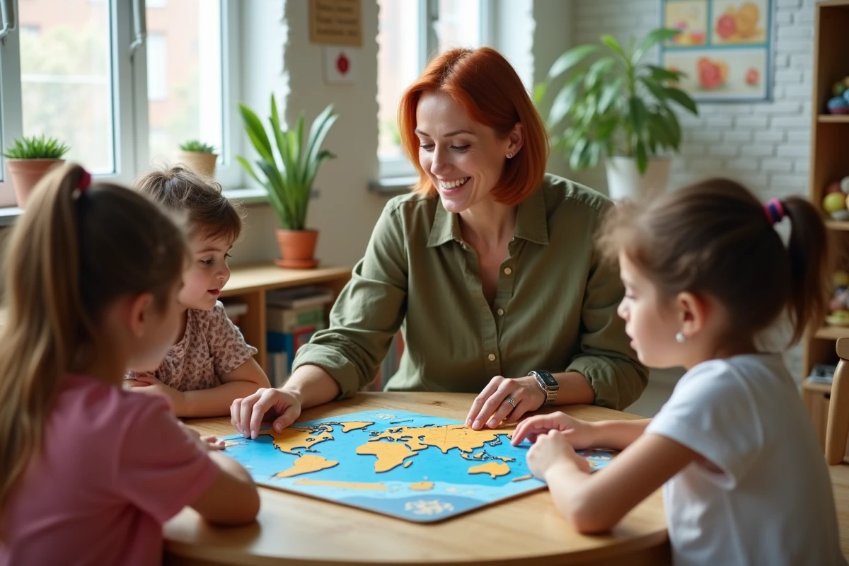Enseignante guidant un groupe d'élèves autour d'un puzzle carte du monde, illustrant la pédagogie par le jeu et l'apprentissage interactif en classe