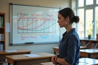 Enseignante planifiant une leçon à rebours devant un tableau blanc avec un diagramme chronologique inversé en classe