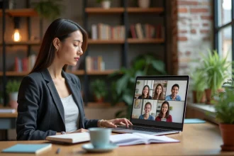 Enseignante en visioconférence avec ses élèves sur ordinateur portable dans un espace de coworking moderne