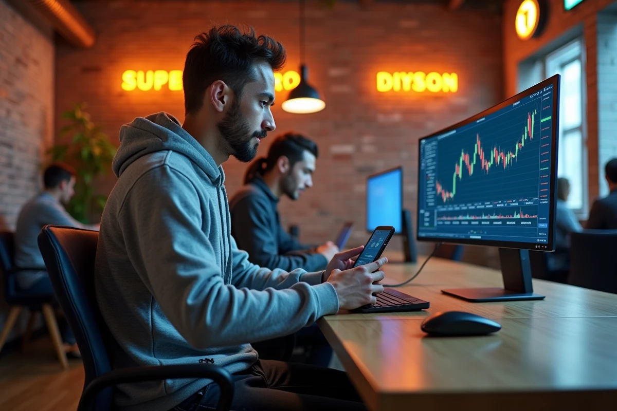 Jeune entrepreneur utilisant une application de banque mobile dans un espace de coworking, symbolisant la montée en puissance de la fintech