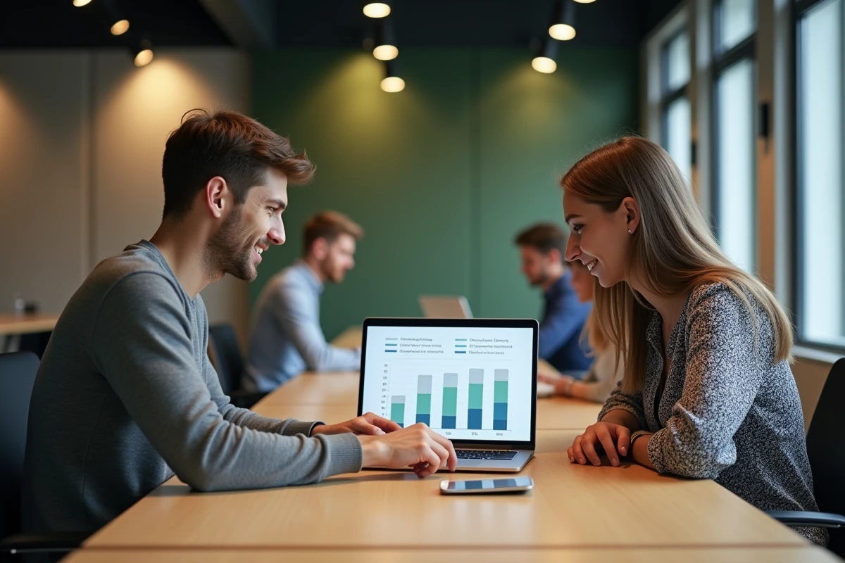 Deux entrepreneurs en espace de coworking analysant les coûts des plateformes de vente en ligne sur un ordinateur
