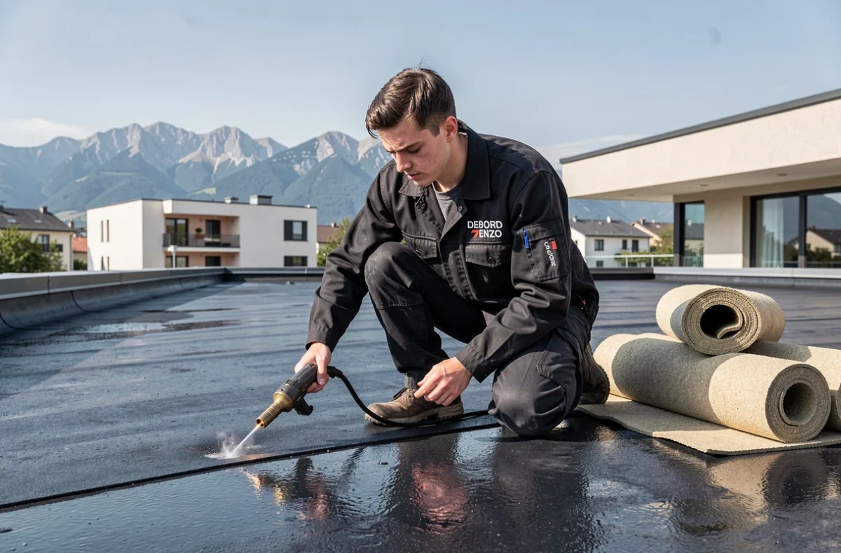 Enzo Debord appliquant une membrane bitumineuse sur une toiture terrasse d'un bâtiment moderne dans la Drôme