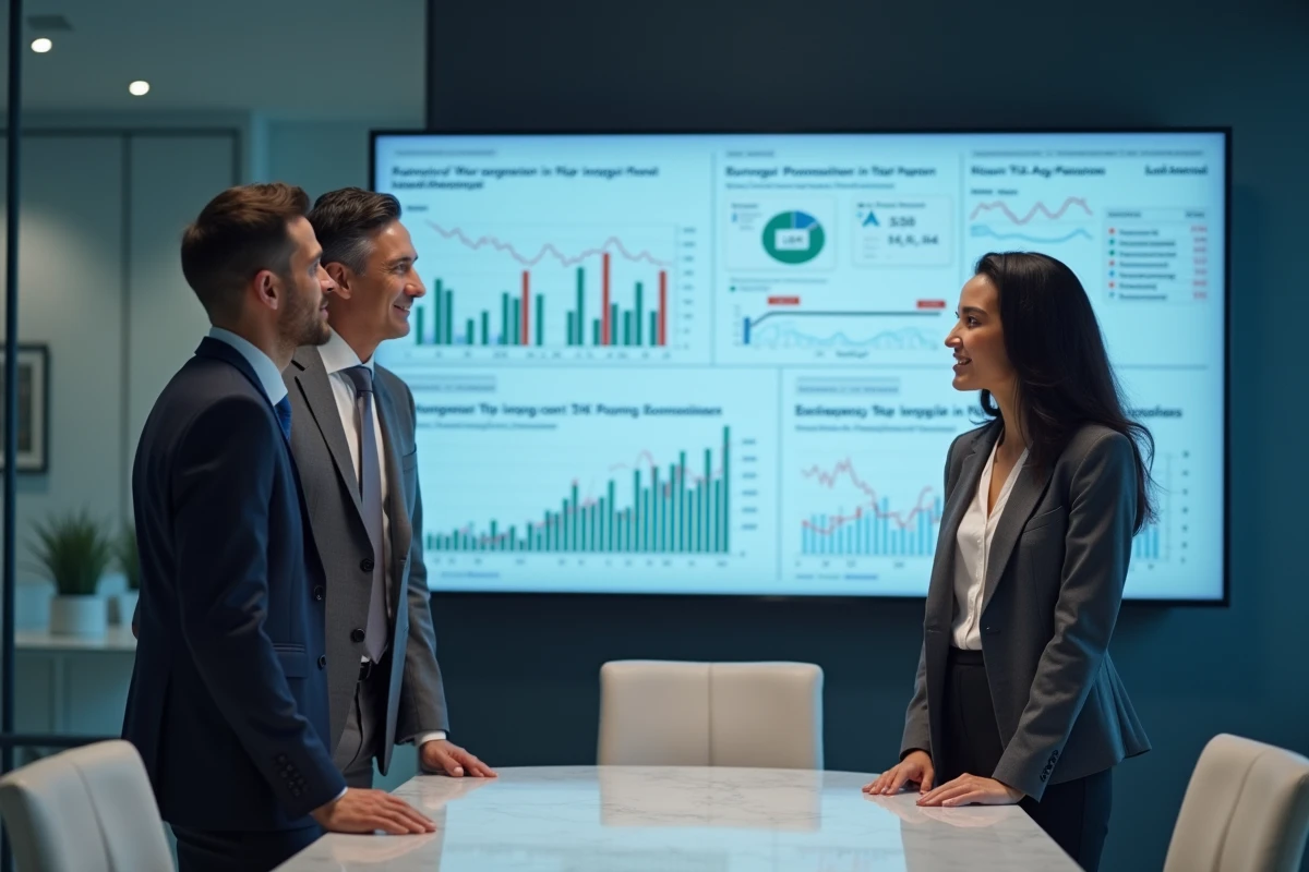 Équipe de dirigeants d'une banque en ligne analysant un organigramme et des données financières, représentant la structure actionnariale de BoursoBank