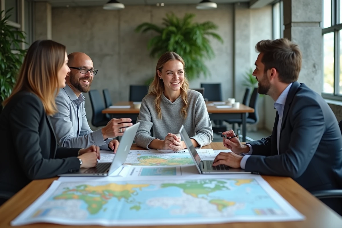 Équipe de professionnels en réunion de planification stratégique autour d'une table avec des documents de développement