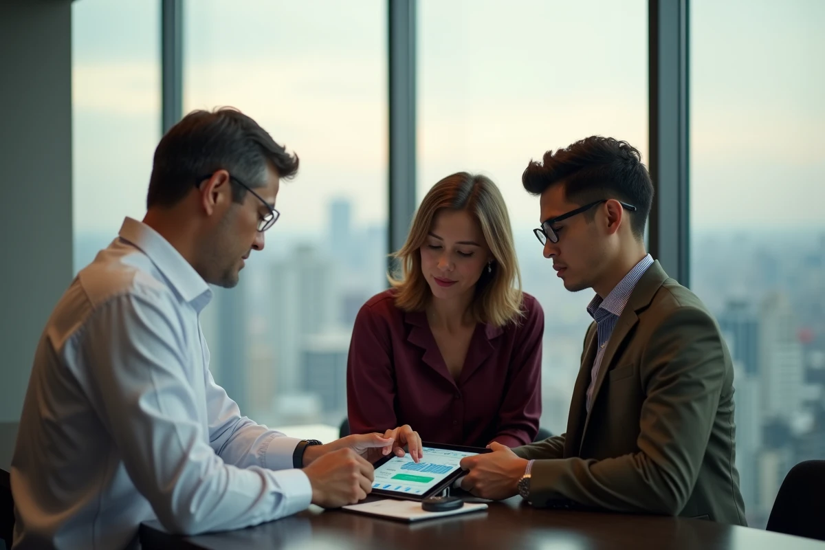 Équipe de professionnels analysant une plateforme d'investissement fintech en salle de réunion avec vue sur la ville