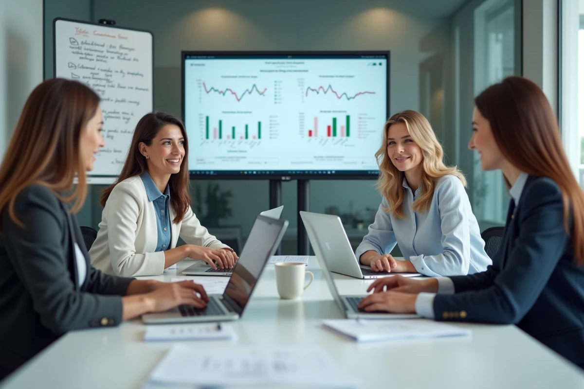 Équipe professionnelle collaborant autour d'un logiciel CRM en réunion d'entreprise