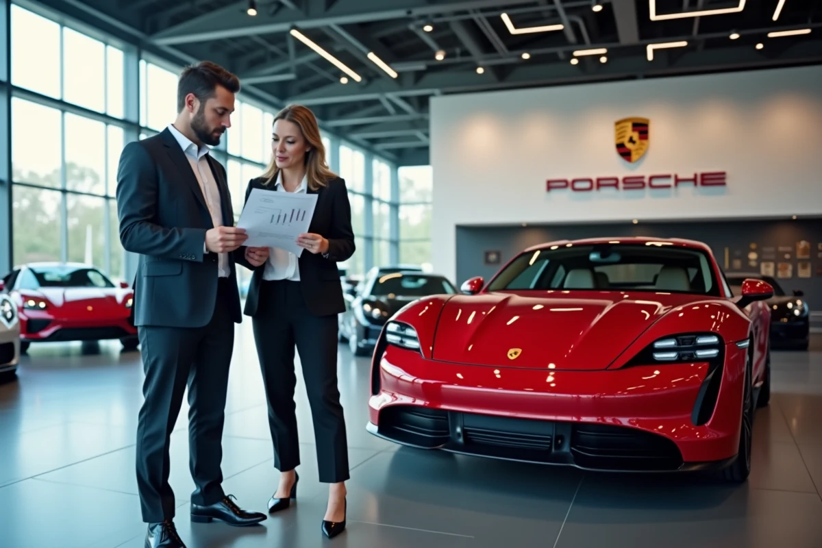 Équipe de vente Porsche discutant des performances commerciales et de la rémunération dans une concession moderne