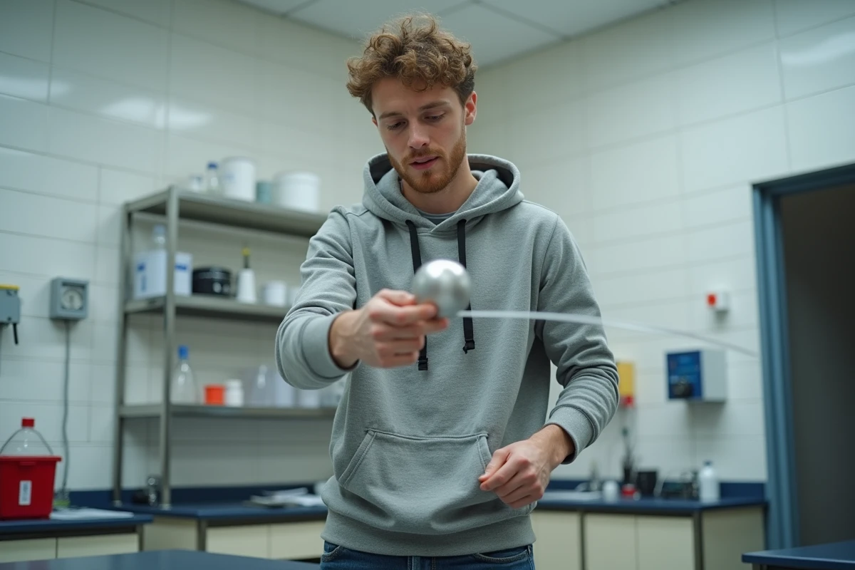 Étudiant en sciences réalisant une expérience de mouvement circulaire avec une balle sur une corde en laboratoire