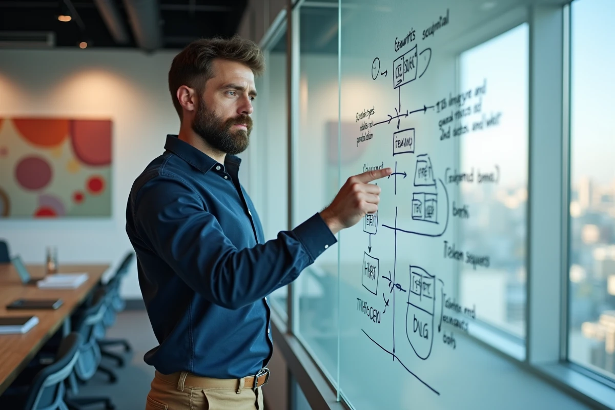 Homme expert en intelligence artificielle expliquant l'architecture transformer d'un grand modèle de langage LLM devant un tableau blanc dans une salle de réunion tech