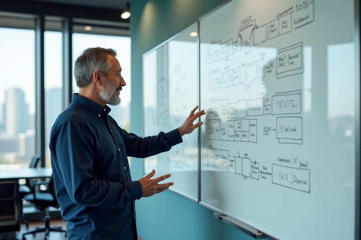 Expert en intelligence artificielle expliquant l'architecture d'un LLM devant un tableau blanc dans une salle de réunion moderne