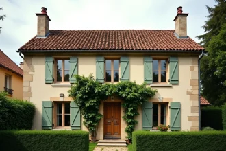Façade d'une maison T5 traditionnelle en pierre avec volets verts et jardin, dans un quartier résidentiel français