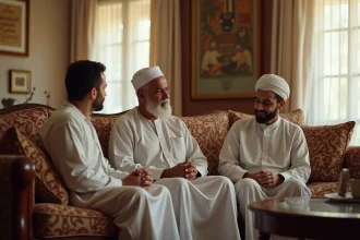 Famille musulmane multigénérationnelle réunie au salon illustrant les liens familiaux mahram entre hommes