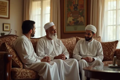 Famille musulmane multigénérationnelle réunie au salon illustrant les liens familiaux mahram entre hommes