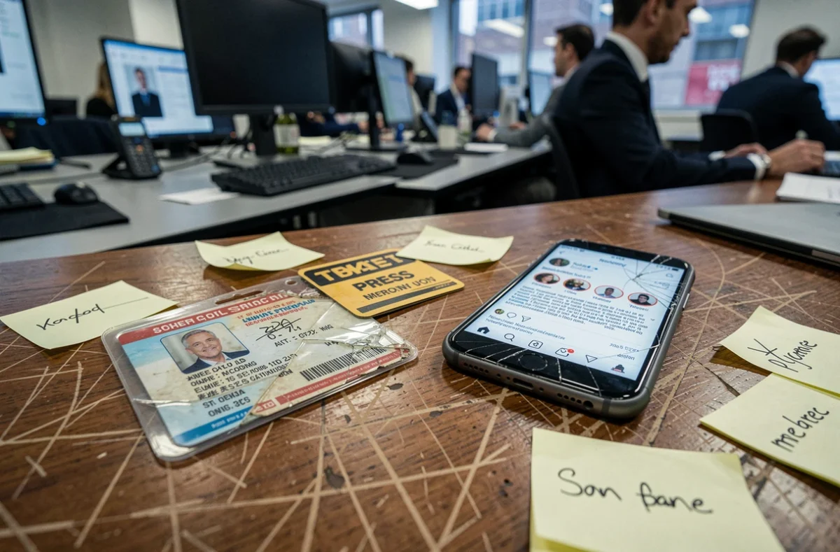 Fausse carte d'identité et badge de presse au nom de Peter Parket posés sur une table de salle de rédaction