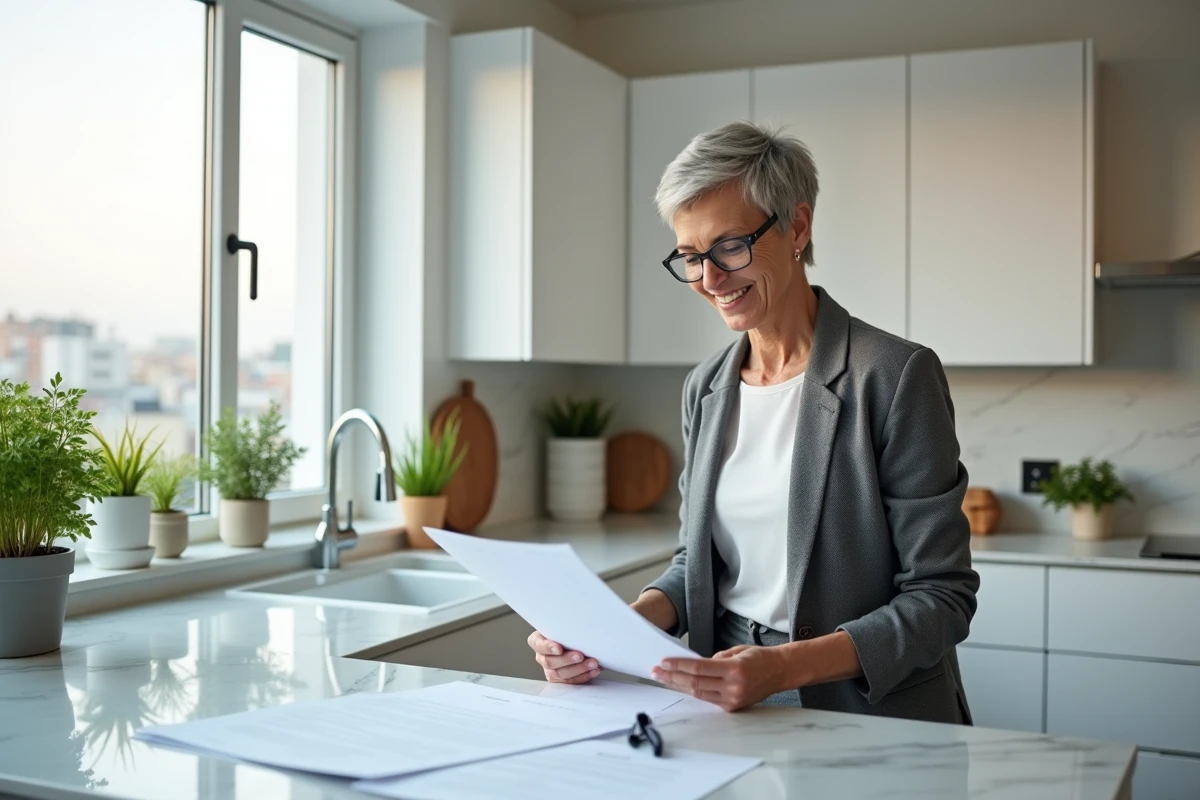 Femme de 55 ans consultant des documents financiers dans sa cuisine moderne, illustrant la planification d'une retraite anticipée