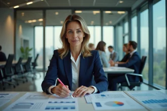 Femme d'affaires en réunion d'entreprise consultant des rapports GSR sur une table de conférence moderne