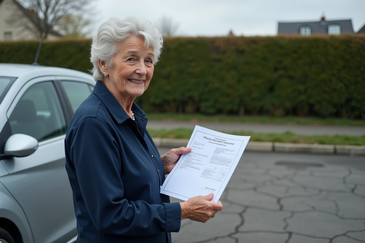 Une femme âgée tient sa carte grise devant sa voiture dans un parking, symbolisant l'exonération de la taxe régionale sur le certificat d'immatriculation pour les seniors.