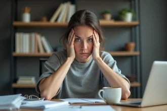Femme stressée assise à son bureau avec les mains sur les tempes, illustrant les signes d'un excès de dopamine comme l'agitation mentale et l'hyperactivité cérébrale
