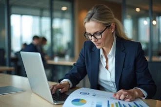 Femme professionnelle analysant des documents financiers dans un bureau moderne, illustrant la gestion d'actifs financiers