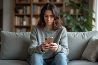 Femme anxieuse regardant son téléphone en attendant un message de son partenaire