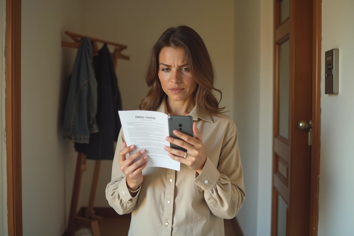 Femme tenant un avis de passage et son téléphone dans un couloir d'appartement après un problème de livraison Vinted