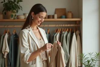 Femme inspectant l'étiquette d'un vêtement durable dans une boutique de mode écoresponsable aux tons naturels