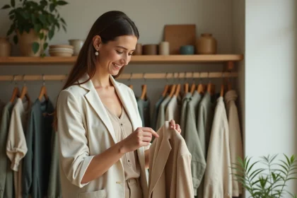 Femme inspectant l'étiquette d'un vêtement durable dans une boutique de mode écoresponsable aux tons naturels