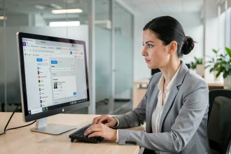 Femme professionnelle consultant une URL dans un navigateur web sur un écran d'ordinateur de bureau en open space