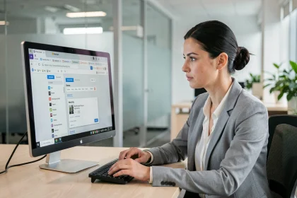 Femme professionnelle consultant une URL dans un navigateur web sur un écran d'ordinateur de bureau en open space