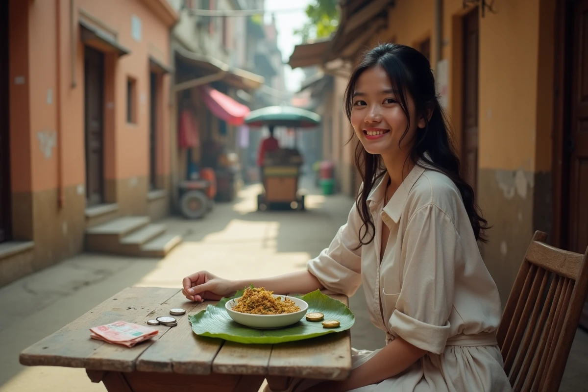 Jeune femme locale déjeunant dans un café modeste d'une ville d'Asie du Sud, avec des billets et pièces bon marché sur la table, illustrant le faible coût de la vie dans les pays les moins chers