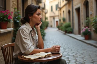 Femme savourant un café en terrasse dans un village européen, symbolisant le slow travel et la plénitude du voyage lent