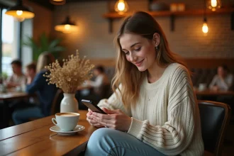 Jeune femme célibataire regardant son téléphone avec un sourire intrigué dans un café chaleureux, symbolisant la découverte d'un signe amoureux comme 15h15