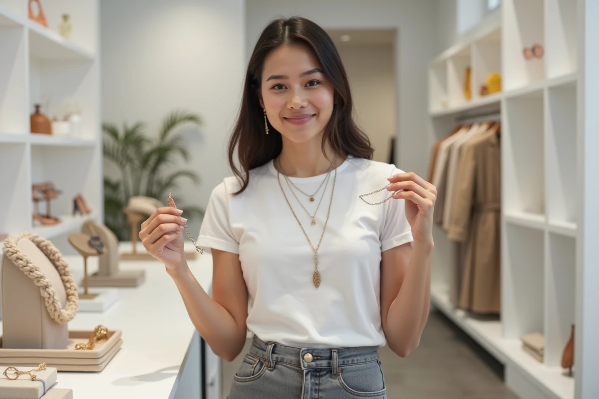 Jeune femme essayant des colliers superposés dans une boutique d'accessoires minimaliste au décor épuré