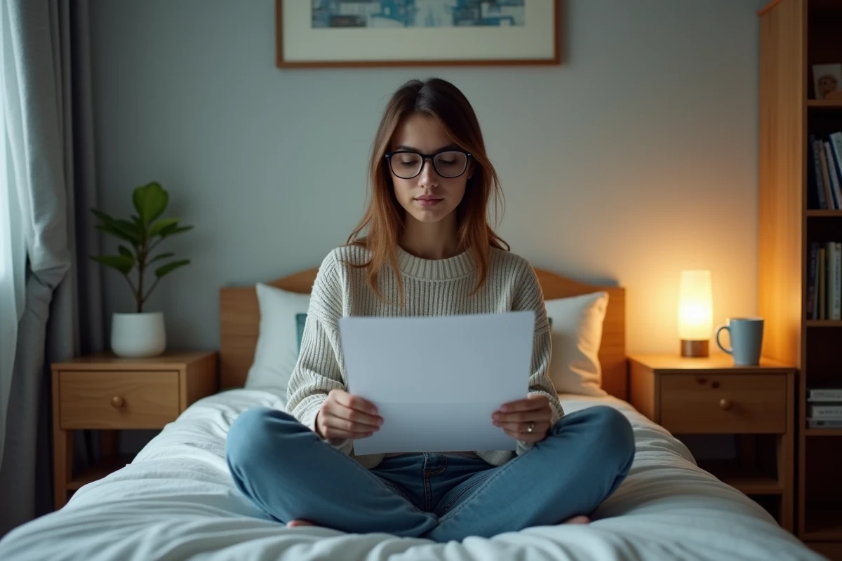 Une femme adulte lit attentivement un document juridique lié à son statut de colocataire dans une chambre partagée